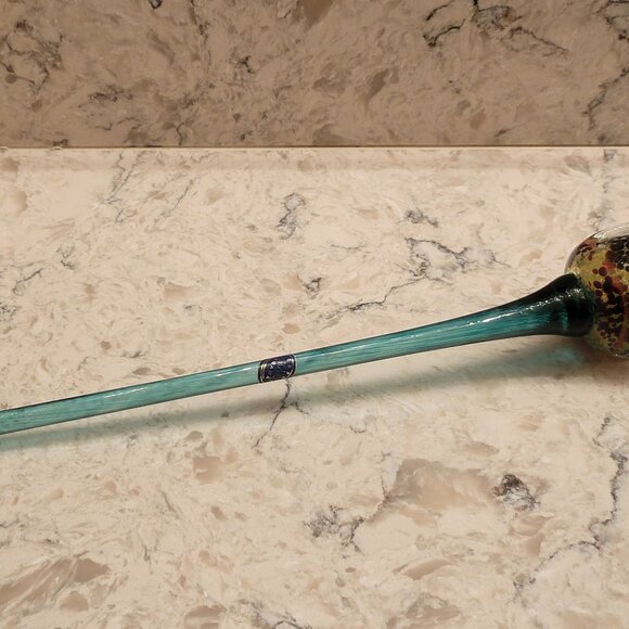Vintage Czech Art Glass Flower Tulip Hand Blown Glass Turquoise Gold Long Stem - Picture 9 of 11
